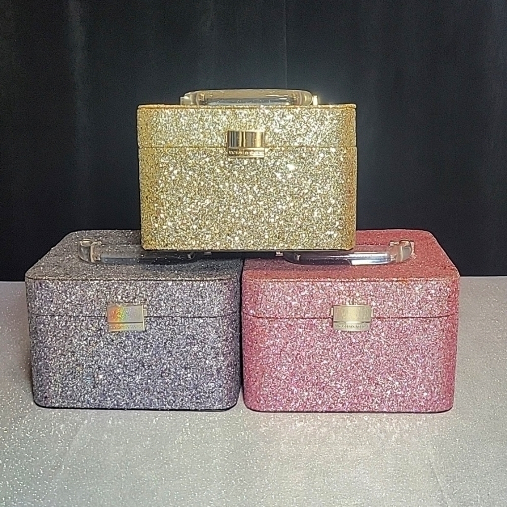 Y2k Vintage Victoria Secret Glitter Train Makeup Case Box Bling Gold Silver Pink